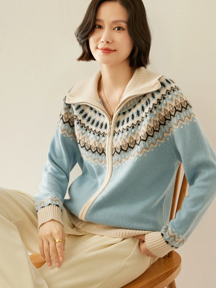 TLOML Damski Sweter Kaszmirowy Vintage Faire Isle Rozpinany na Zamek Jesień Zima 100% Kaszmir Dzianina Gruba Ciepła Wysoka Jakość