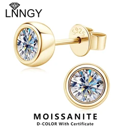 Lnngy 925 Sterling Silver Stud Earring D-Color 5mm 6.5mm Round Cut Bezel Moissanite Simple Bubble Earrings For Women Jewelry