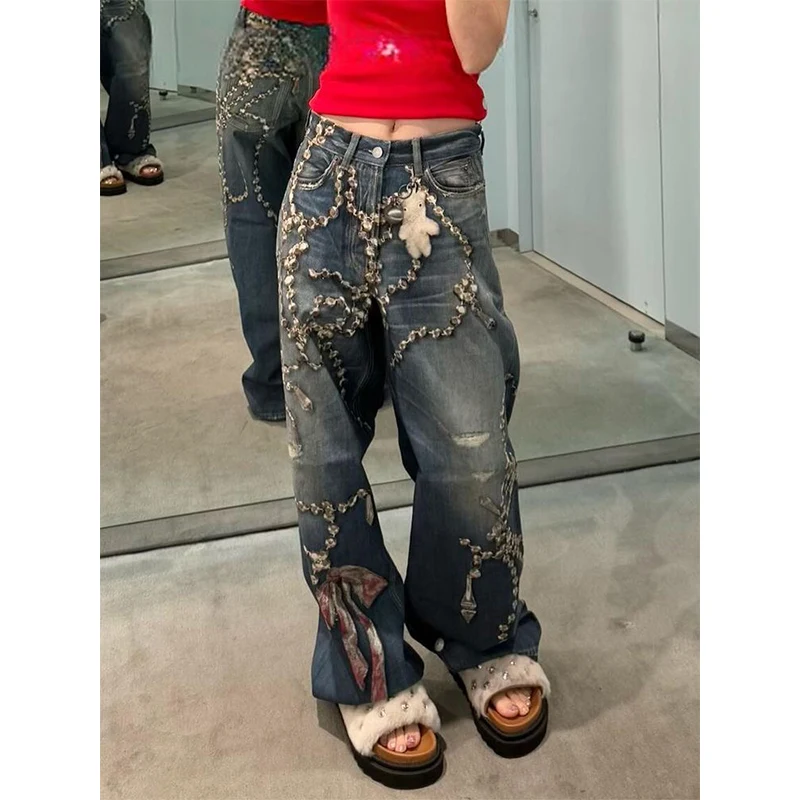 Pantalones vaqueros para mujer 2025 Otoño Invierno Tie Dye Harajuku Y2K pantalones vaqueros holgados japoneses Grunge corte ancho Vaqueros azules Vintage Goblin Core