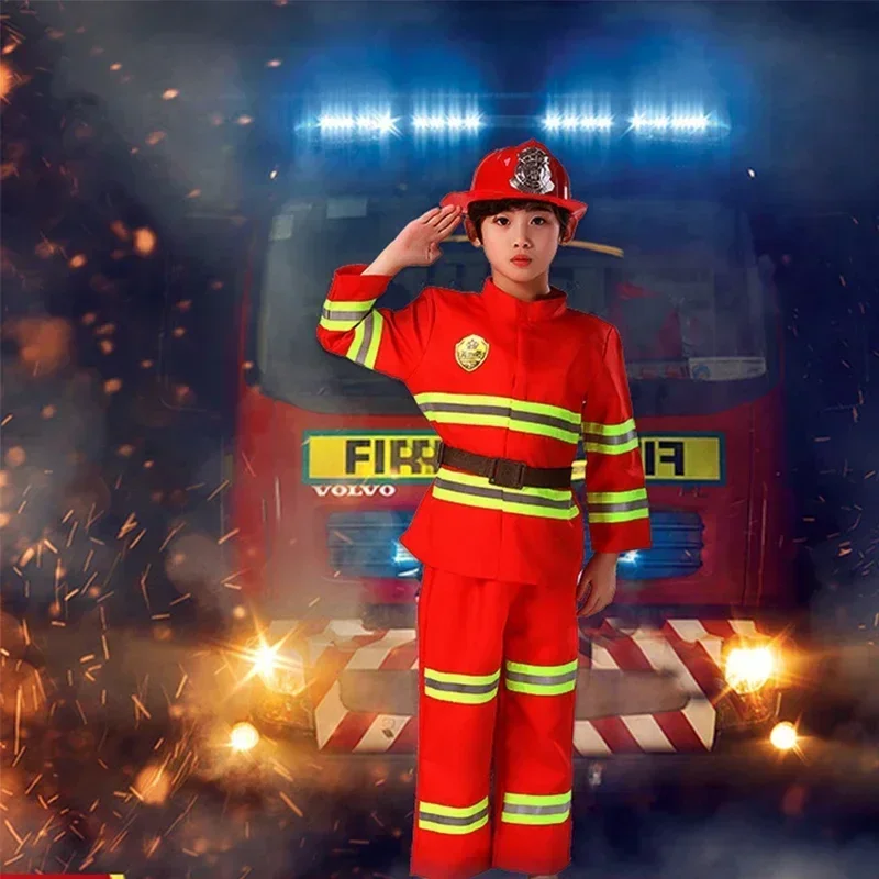 Boy Red Firefighter Halloween Cosplay Uniform Toys Boys Sam Firemen Role Work Clothing Suit Girl Performance Party Costumes - Image 2