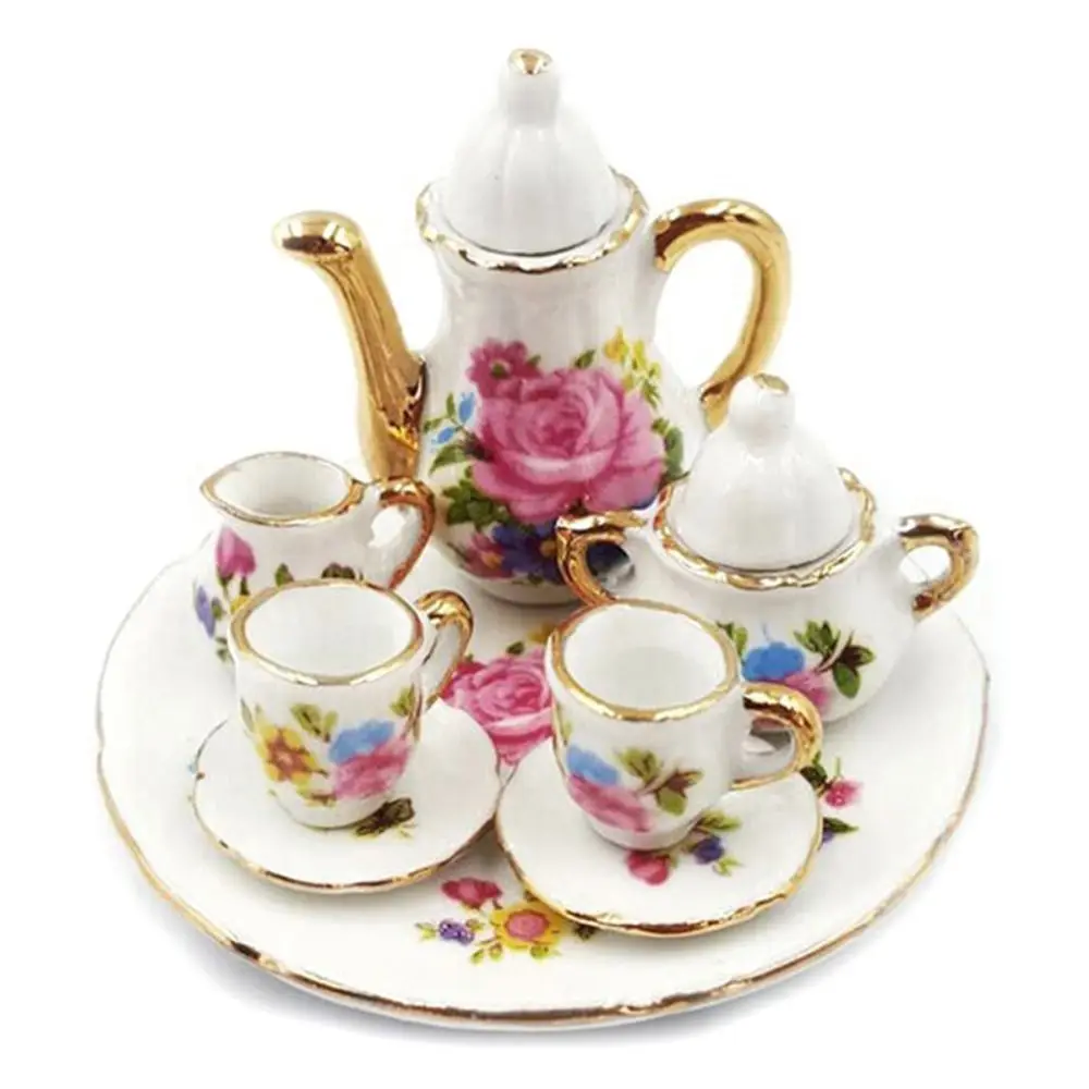 

Floral Print Dollhouse Dinnerware Tableware Dish Plate Doll Porcelain Tea Set Pink Rose 1:12 Miniature Cups Pot Children's Toy