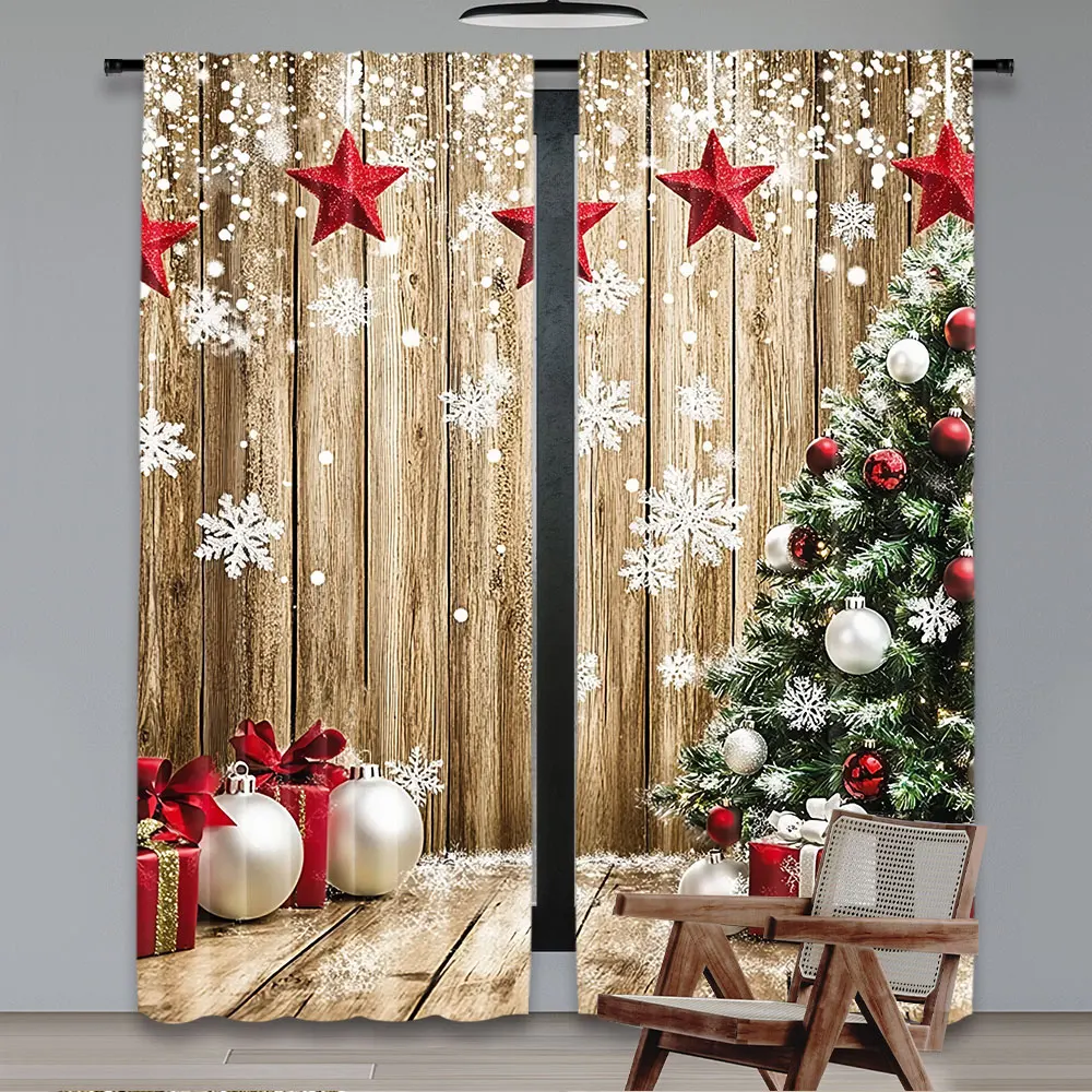 2Pcs Christmas Curtains Rustic Snow Christmas Tree Gifts For Christmas Party Decoration Suitable For Bedroom Living Room Dining