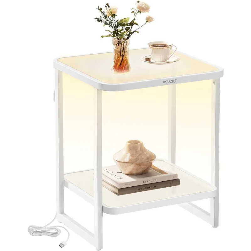 End Table, 2-Tier Side Table with LED Lights, Modern Nightstand, Square Bedside Table, Frosted Glass, Bottom Shelf, for