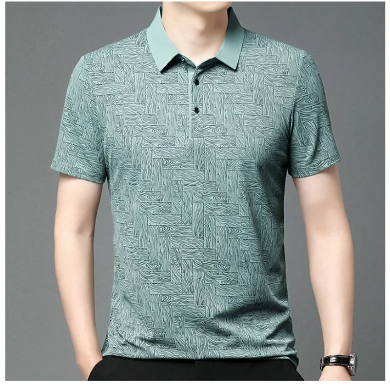 Smart Casual Summer Ice Silk Men's Turn-down Collar Solid Jacquard Weave Fashion Casual Loose Short Sleeve Polo Shirts Tops