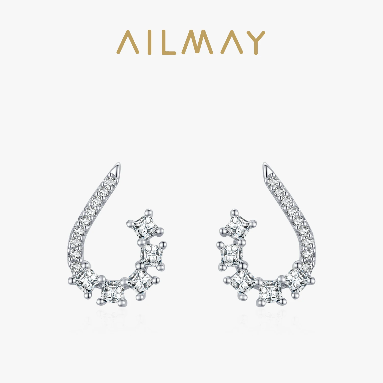 Ailmay Fashion 925 Sterling Silver Geometric Stud Earrings Luxury Sparkling CZ For Women Wedding Statement Fine Silver Jewelry