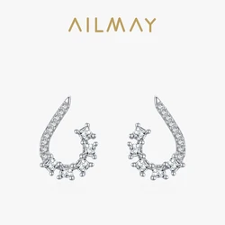 Ailmay Fashion 925 Sterling Silver Geometric Stud Earrings Luxury Sparkling CZ For Women Wedding Statement Fine Silver Jewelry