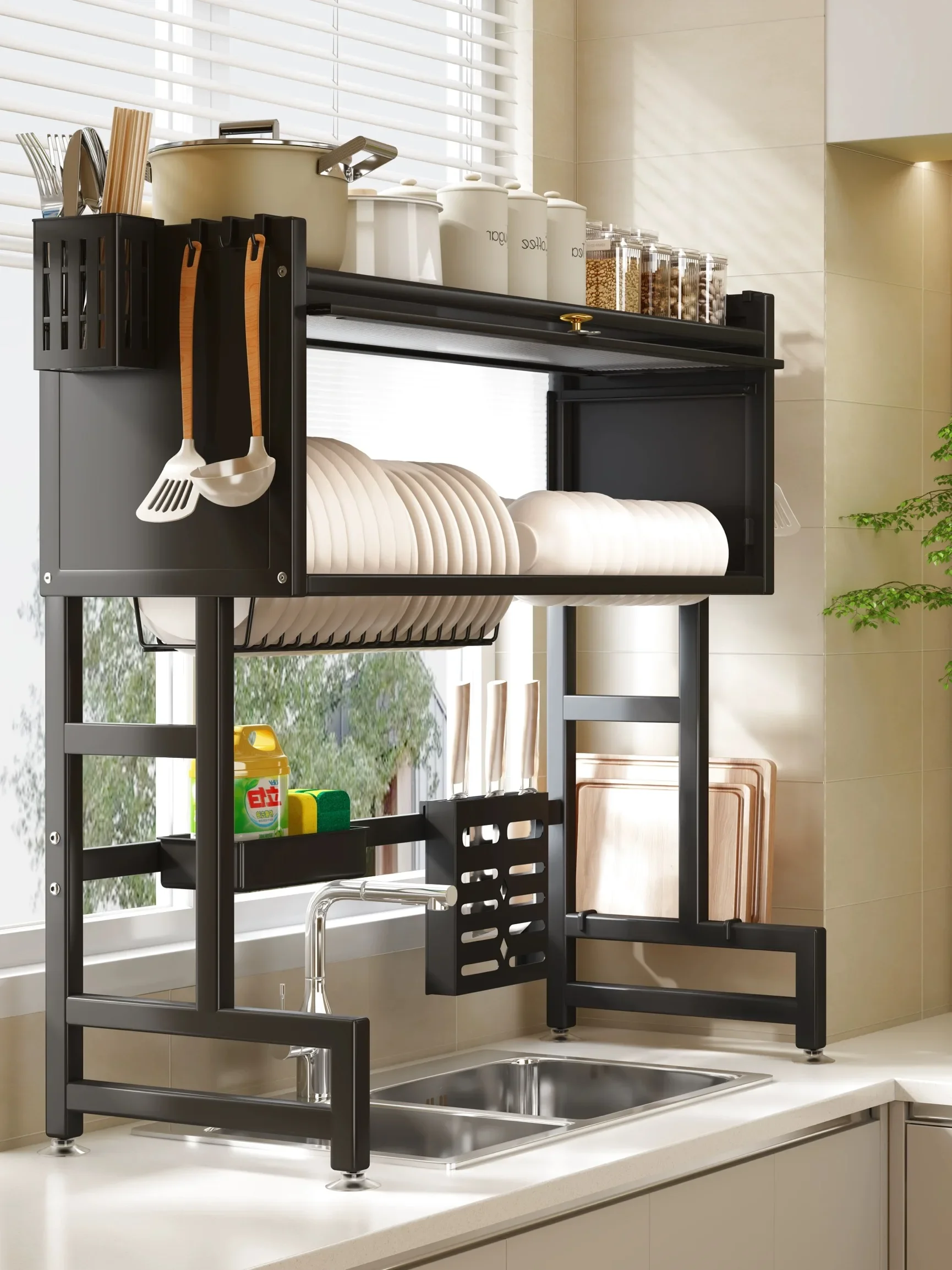 Kitchen large capacity single double trough storage rack sink storage multi purpose drain rack for dishes and tableware