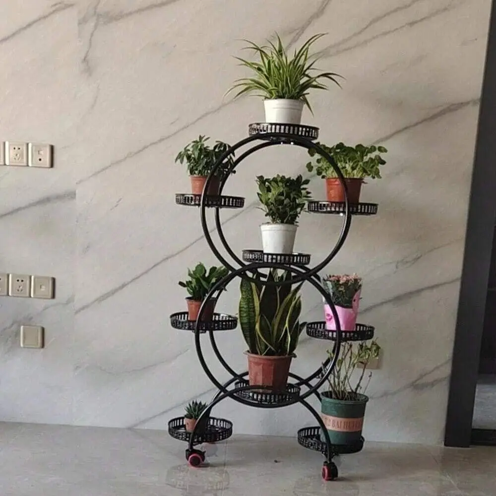 

9Tray Metal Plant Stand Rack Black Flower Pot Holder With Wheels Indoor Outdoor Outdoor Decor