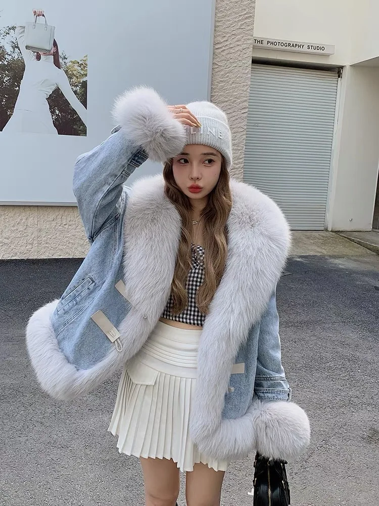 

Fox Fur Collar Fur Coat Women's Patchwork Denim Fur Coat Goose Down Inner Lining Winter Coat Women