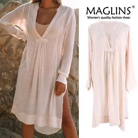 MAGLINS Beach Outing Swimsuit Cover-ups Dress Sexy Deep V Neck Tunic Dresses Sarong Women Clothes Beachwear Bikinis Cover Up