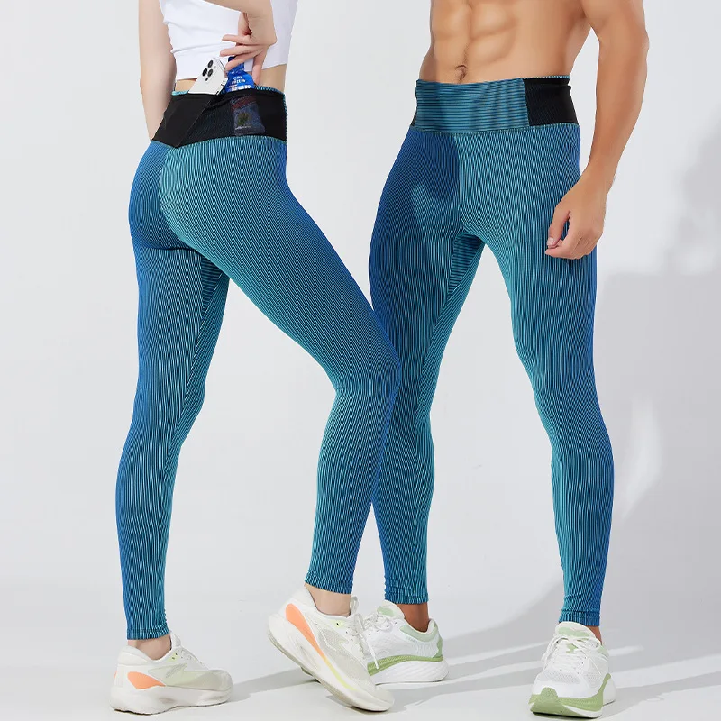 Men Striped Compression Tights for Running Fitness with Mesh Pocket & Triangle Lining S-2XL