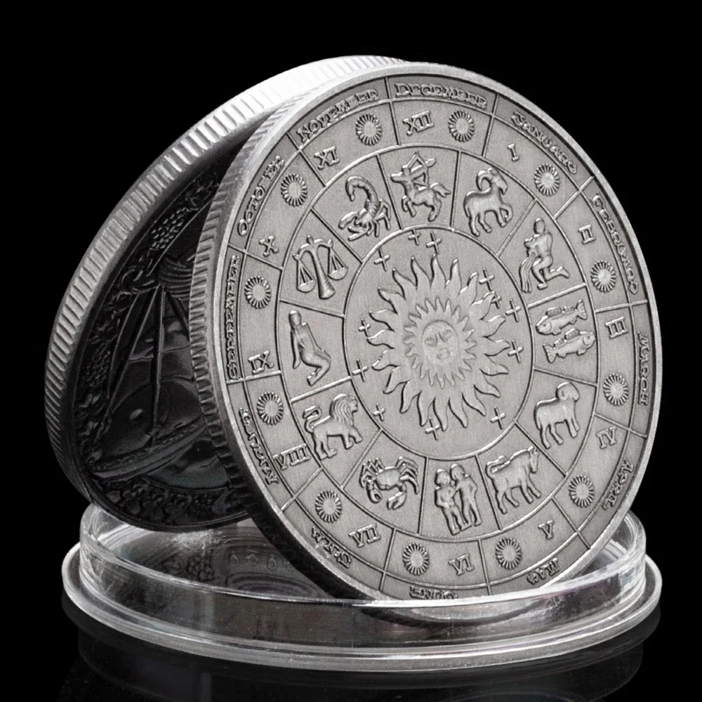 Ancient Silver 12 Signs of The Zodiac Commemorative Coins Lucky Collectible Coins Gemini Medallion Home Decoration view 4