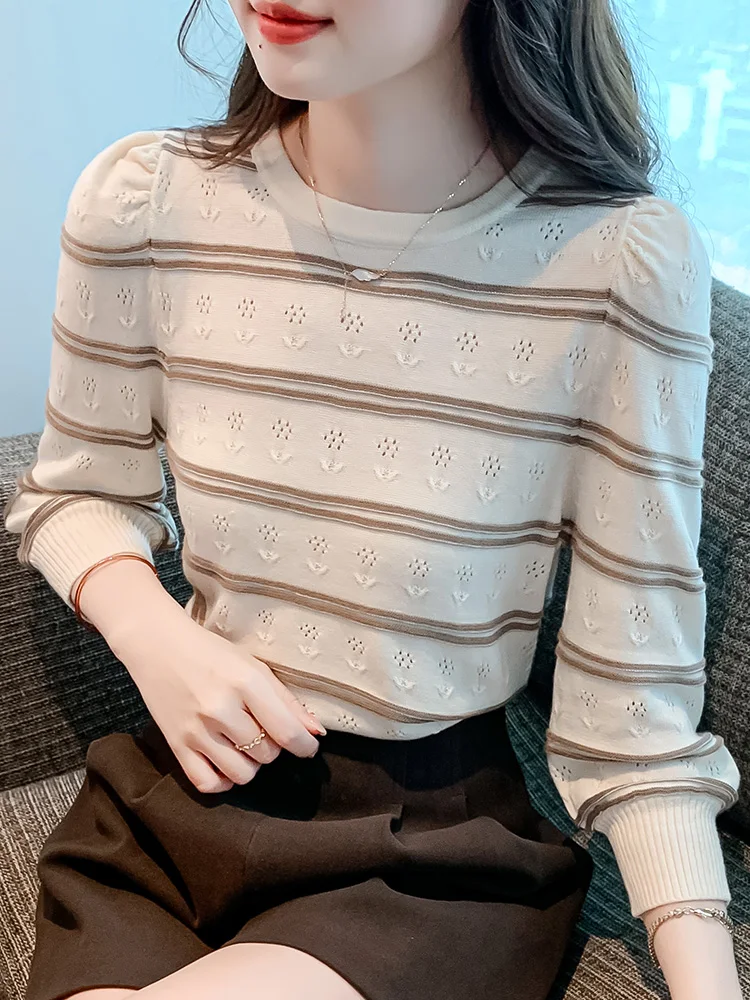 

Slimming Stripe Knitted Long Sve round Ne Base irt Women's Autumn Winter Spring Faion New Sle Versatile Korean Ver...