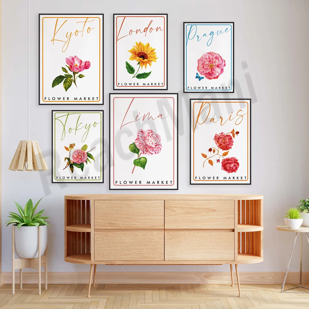 Flower market, Madrid, Seoul, Paris, Sydney, Milan, London, spring vintage floral aesthetic posters, flower shop gifts,