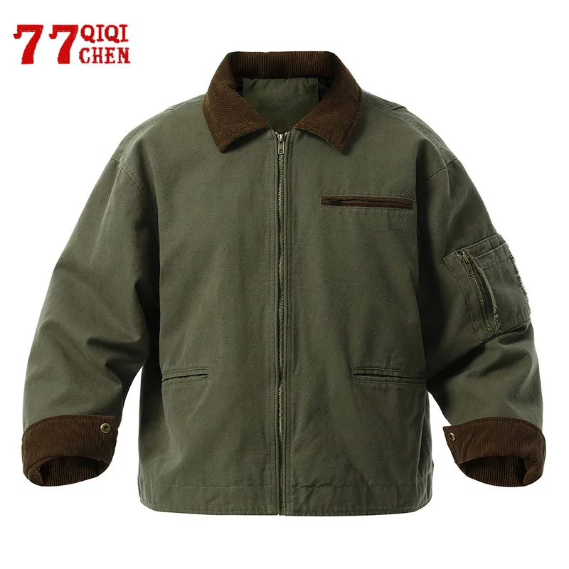 

100% Cotton Military Jackets Men Vintage Washed Corduroy Turndown Collar Casual Jacket Wear Resistant Multiple Pocket Coat Green