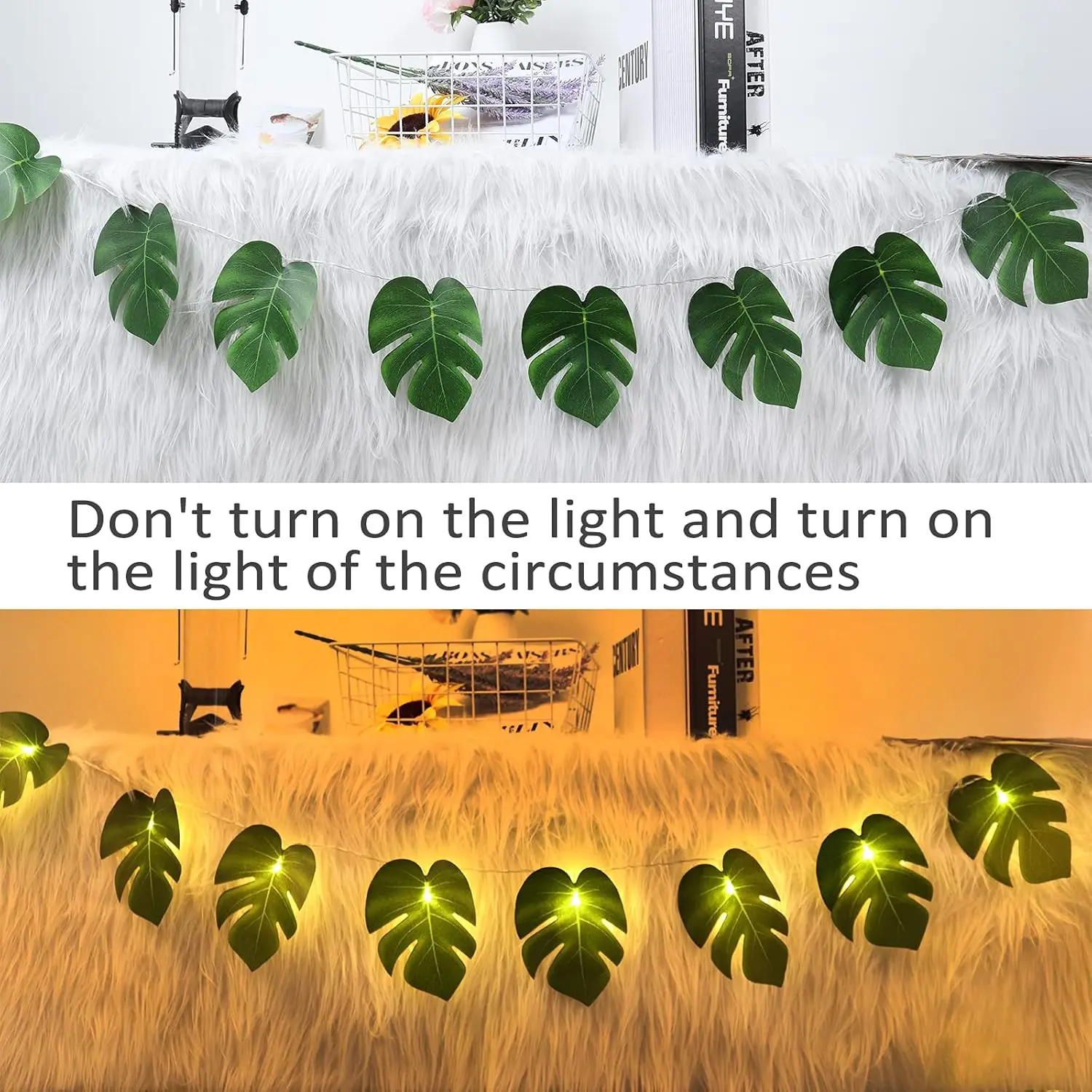Monstera-Blatt-Lichterkette, tropische künstliche Rattan-Palme, grüne Blätter, Wandbehang, Weingrün, Party-Sommerdekoration – Detail 6