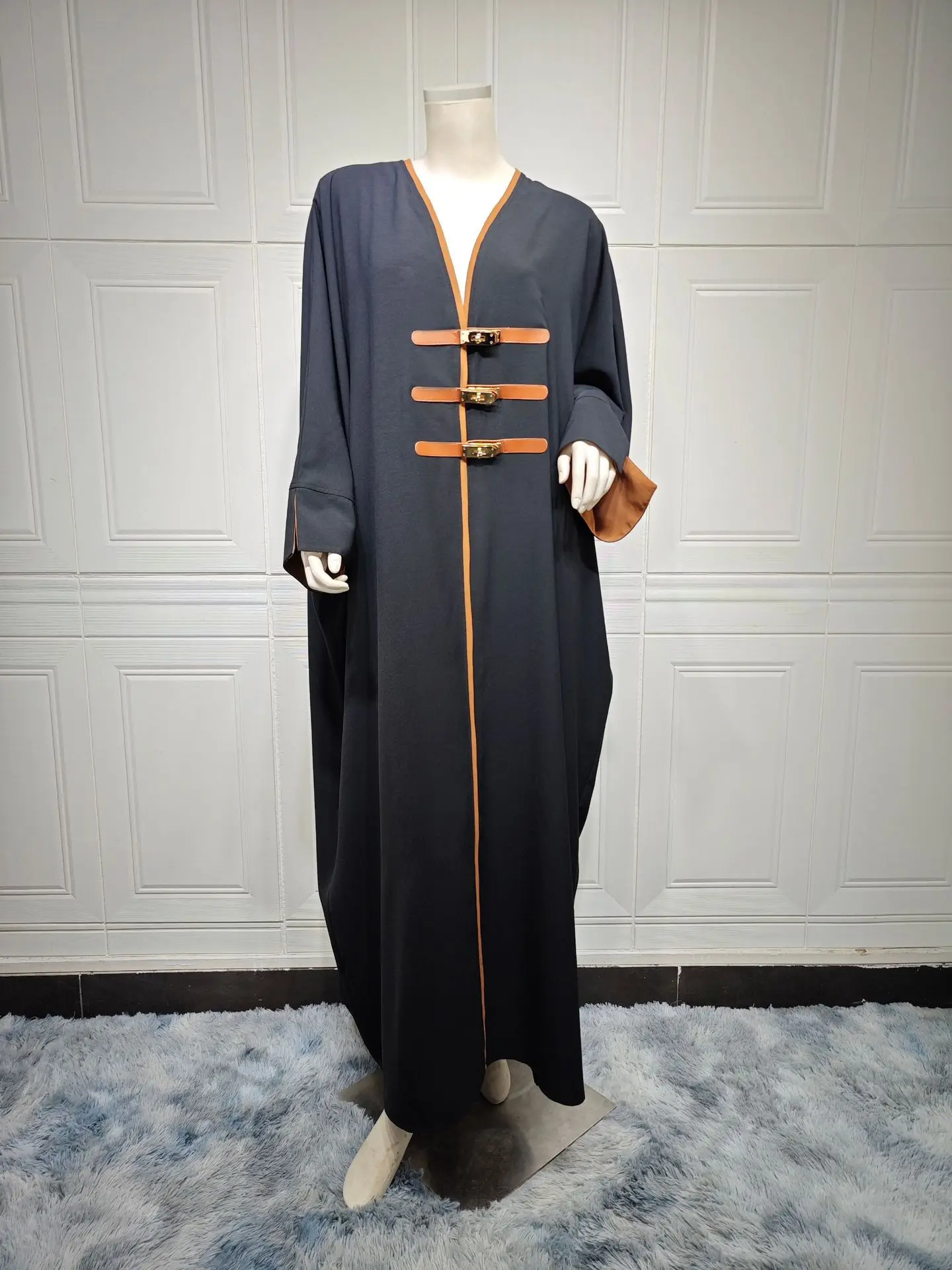 New Fashion Cardigan Leather Button Abaya Turkish Color Blocking Robe Outer Wear Arabian Premium Ice Silk Fabrics