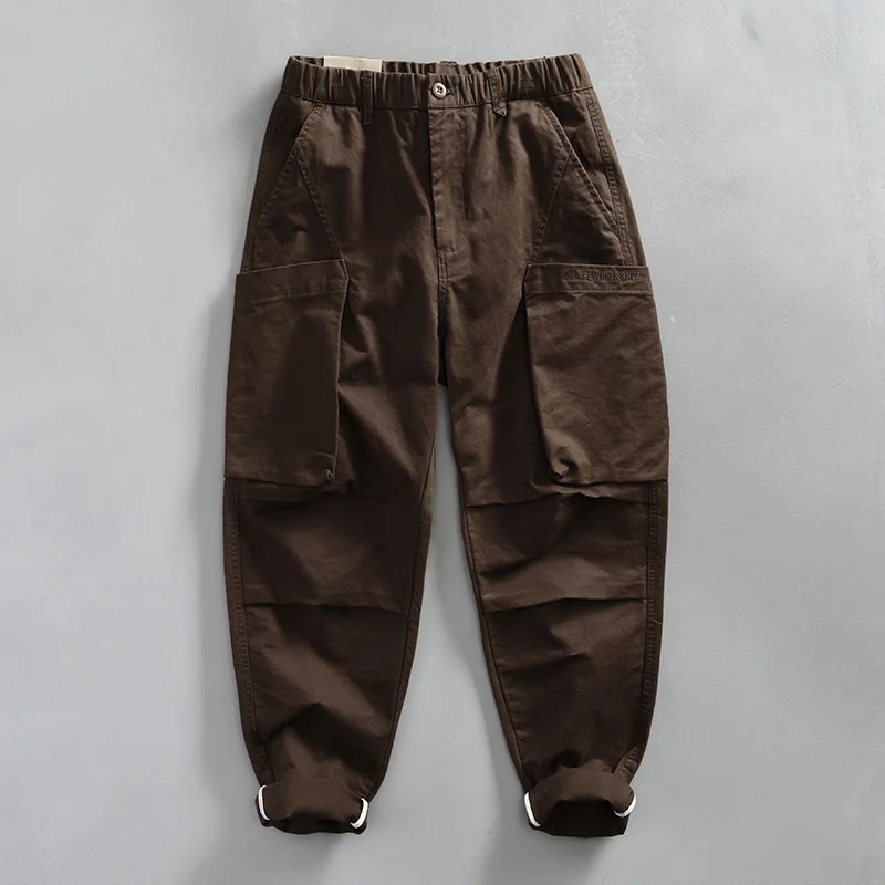 

Japan Style Cargo Pants Men Streetwear Big Pocket Baggy Pants 100% Cotton Comfortable Elastic Waist Brown Pant Fashion Trousers