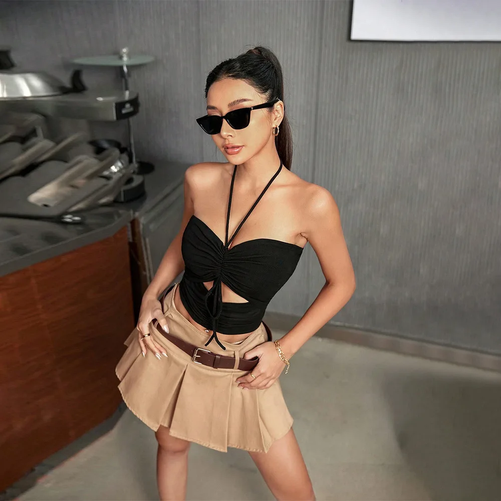 Summer New Sle Women's Pure Color Belted Crop Top Bal Slim Fit Strap Vest Tops Faionable Knot Design ort Length