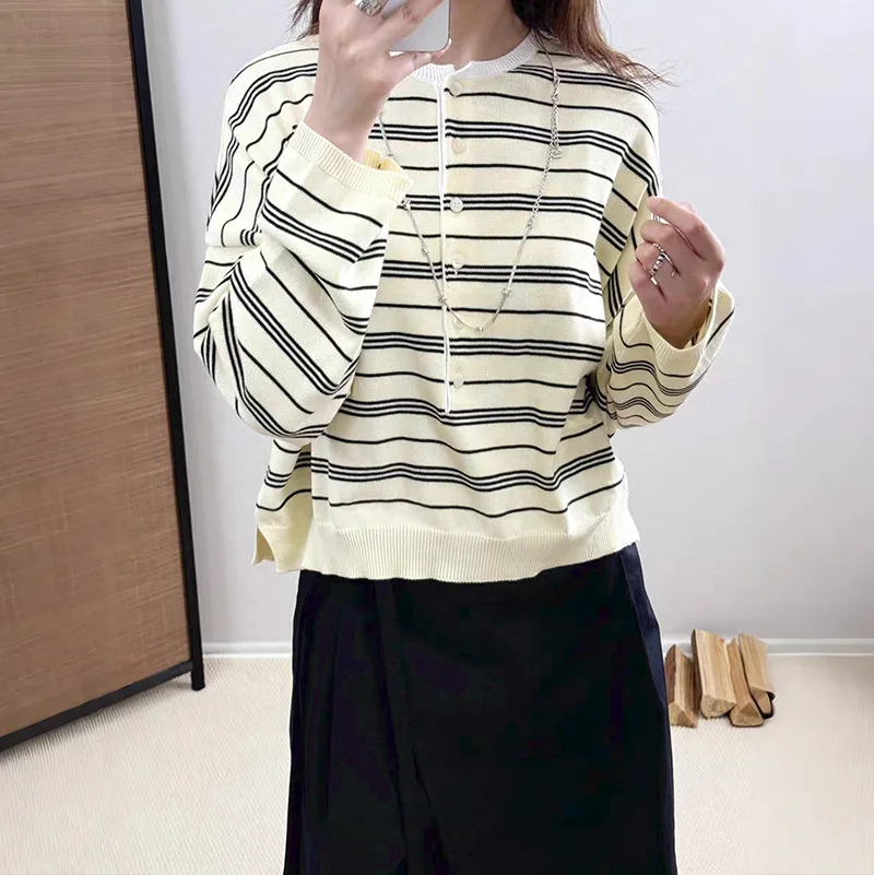 

Осень 2025 г., женский элегантный полосатый пуловер с круглым вырезом и длинными рукавами, женская зимняя теплая одежда, модные топы