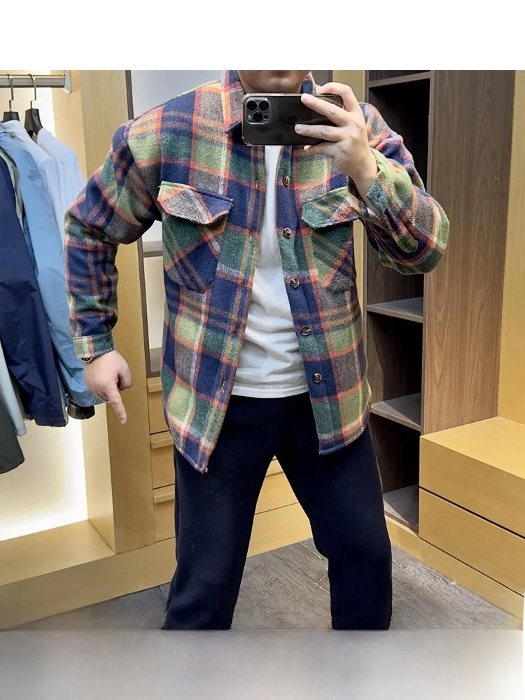 

Nordic Thiened Men's Flannel irt Coat Autumn Winter Warm Fce Long Sve Loose Fit Plaid Patterned Outerwear