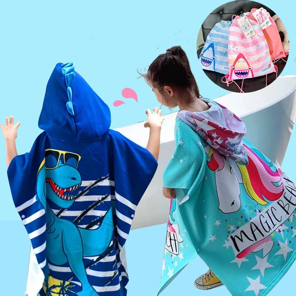 Cartoon Kids Swimming Microfiber Towel Hoodie Beach Robe Children Dinosaur Sport Wrap Cloth Boys Girls Water Park Unicorn Gown