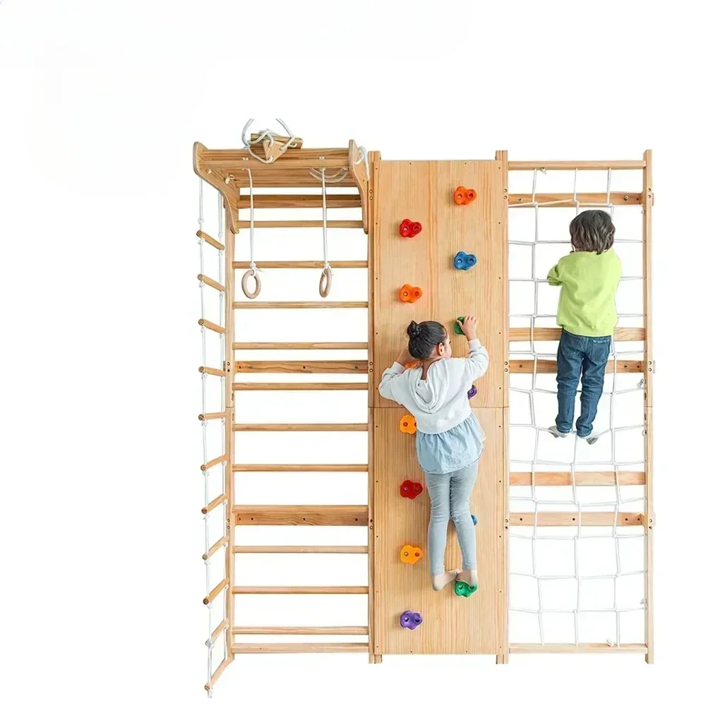 LM KIDS Indoor Montessori Playground 9-in-1 Swedish Kids Ladder Wall Gym Set With Rock Climbing And Pullup Bars