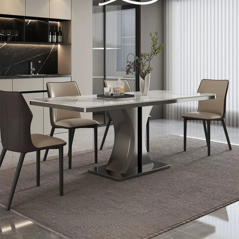 Modern Minimalist Gloss Rock Texture Eating Furnish Metal Support Dining Desk Apartment Restaurant Decor Dining Kit Light Luxury