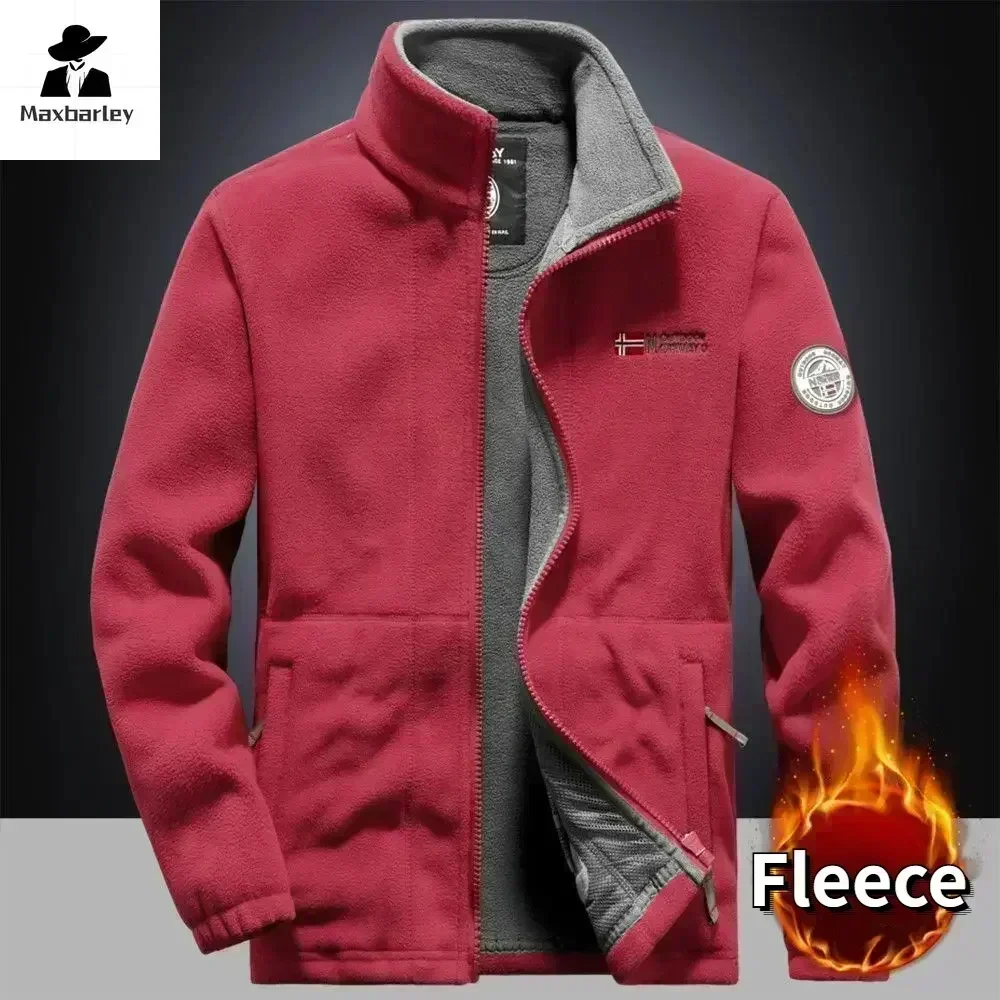 Winter Warm Fleece Jacket Men\'s Climbing Double Thickened Pocket Jacket Outdoor High Collar Windproof Ski Sweatshirt Coat Men