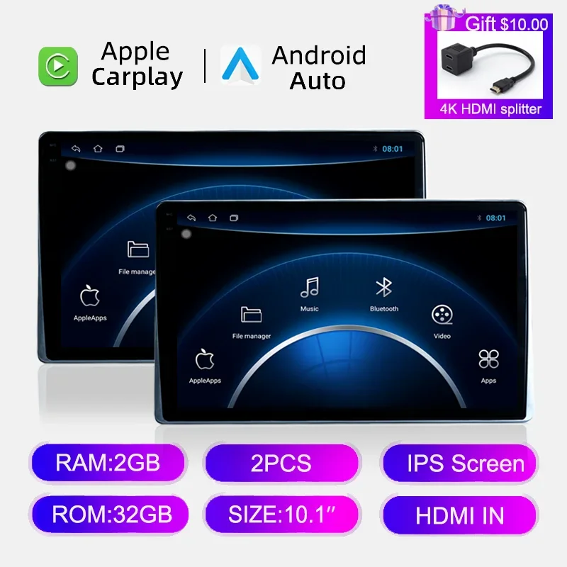 10,1 inch Android hoofdsteunmonitor IPS-display voor auto-achterbanken Entertainment Multimedia Carplay Vedio-speler USB HDMI-ingang