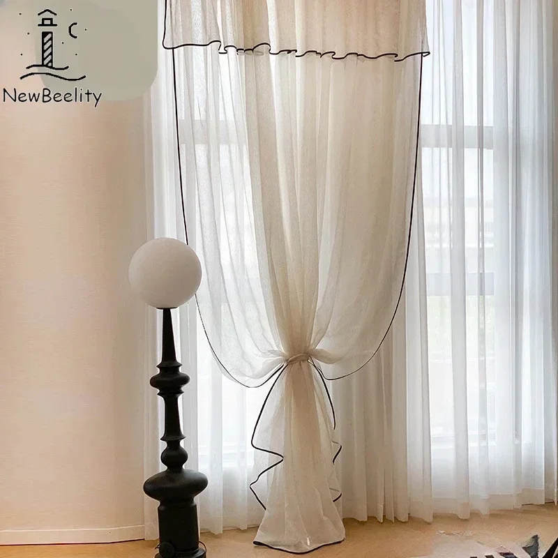 Linen White Tulle Retro Cream Sheer Curtains for Living Room Bedroom Dining Luxury Black Edge Blackout Decor Window Gauze Custom