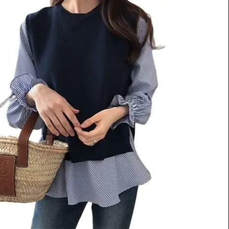 2022 Autumn Women white Ruffled Long Sleeve Shirt+ black O-Neck Pullover Sleeveless Vest Office Casual Knitted Vest 2 Piece Set