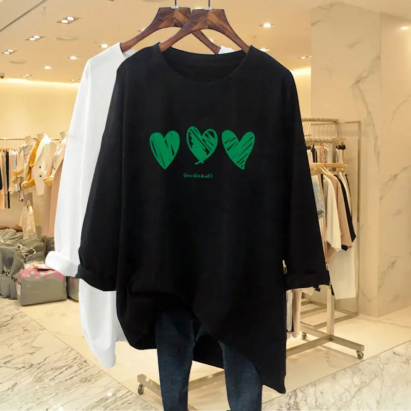 Spring Autumn Chic Hand-Painted Love Print T-shirt Women Clothing Casual Loose O-neck Cotton Top Tee Office Lady Basic Pullovers