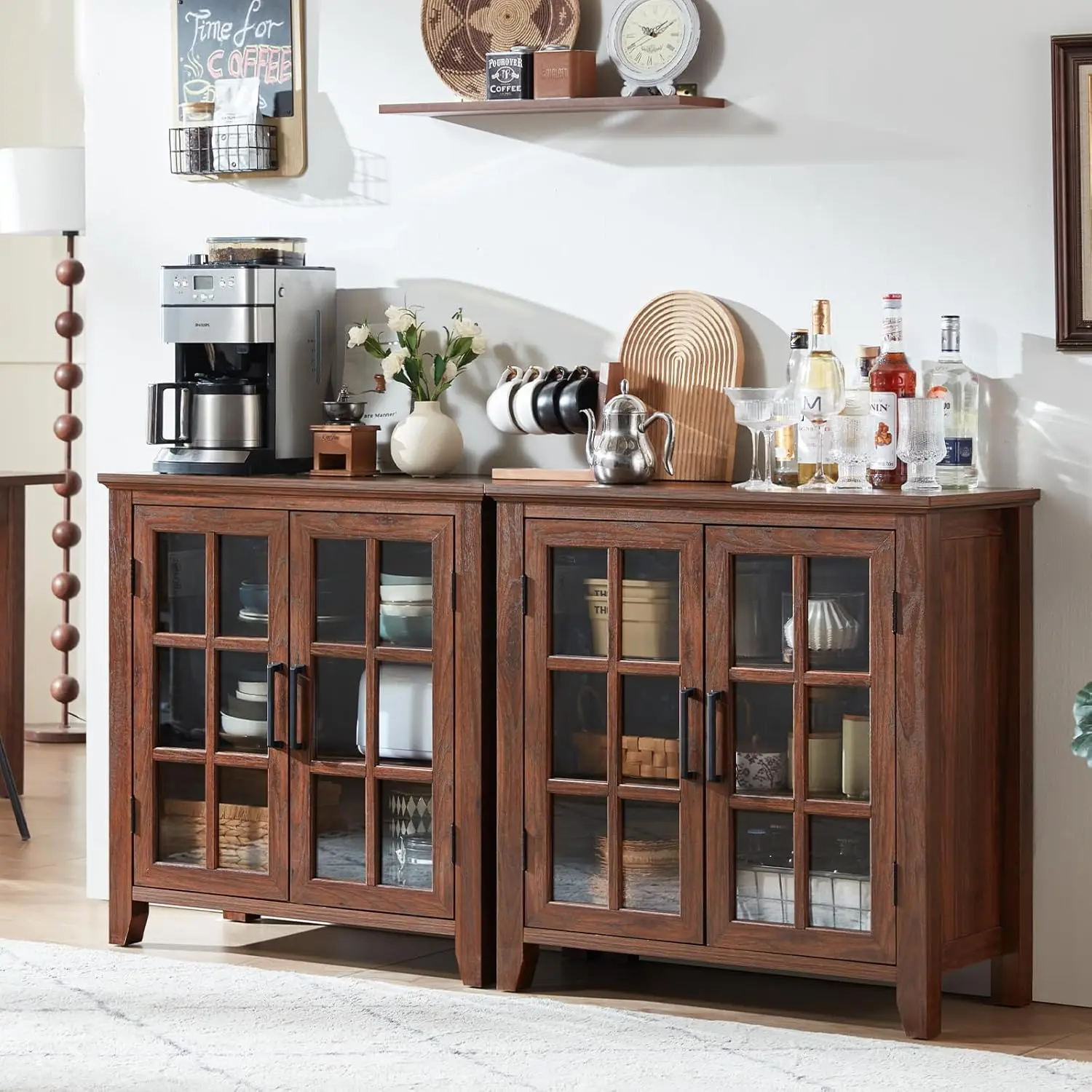 

Large Sideboard Buffet Cabinet with Storage, 32" Farmhouse Brown Kitchen Coffee Wine Bar Cabinet with 2 Glass, Customized