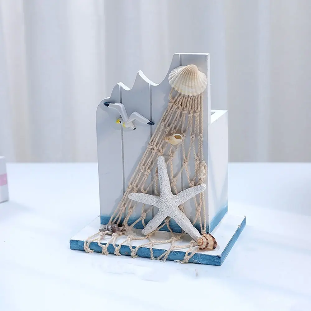 Mediterranean Style Wooden Pen Holder Ocean Style Handmade Pencil Storage Box Large Capacity Pen Container