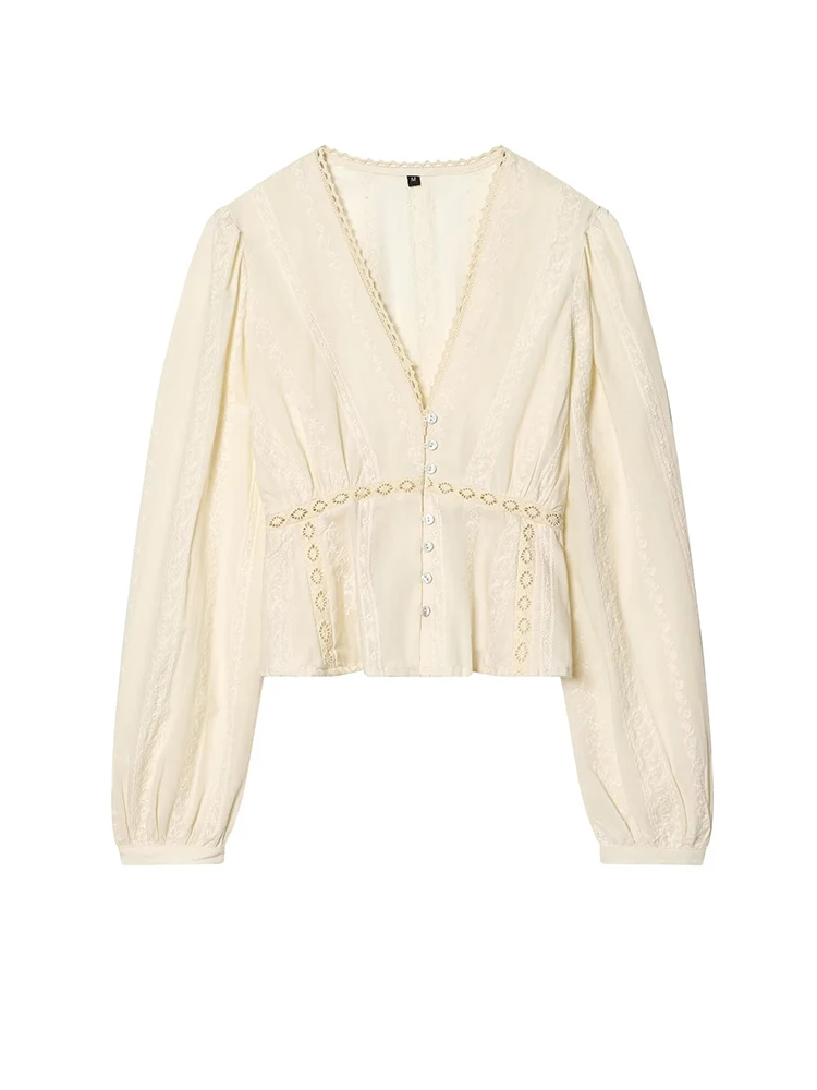 

Women Vintage Lace Trim V-Neck Shirts Long Sleeve Peplum Blouse Embroidered Casual Crop Top