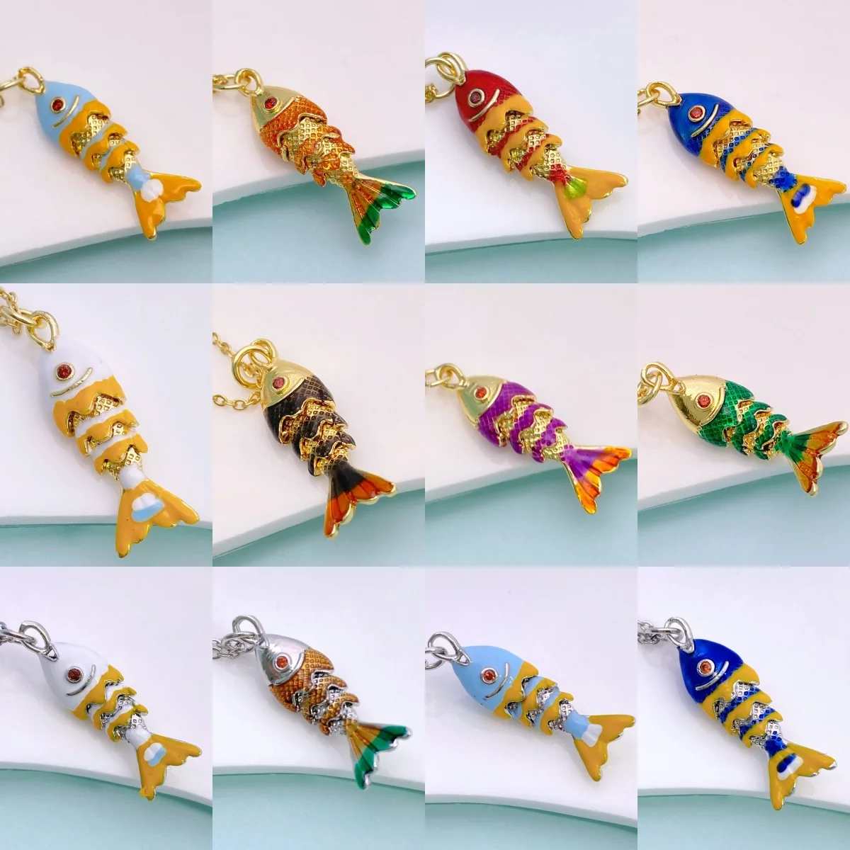 

9*27mm Colorful Enamel Fish Pendant Necklace 3D Movable Bohemian Jewelry for Women