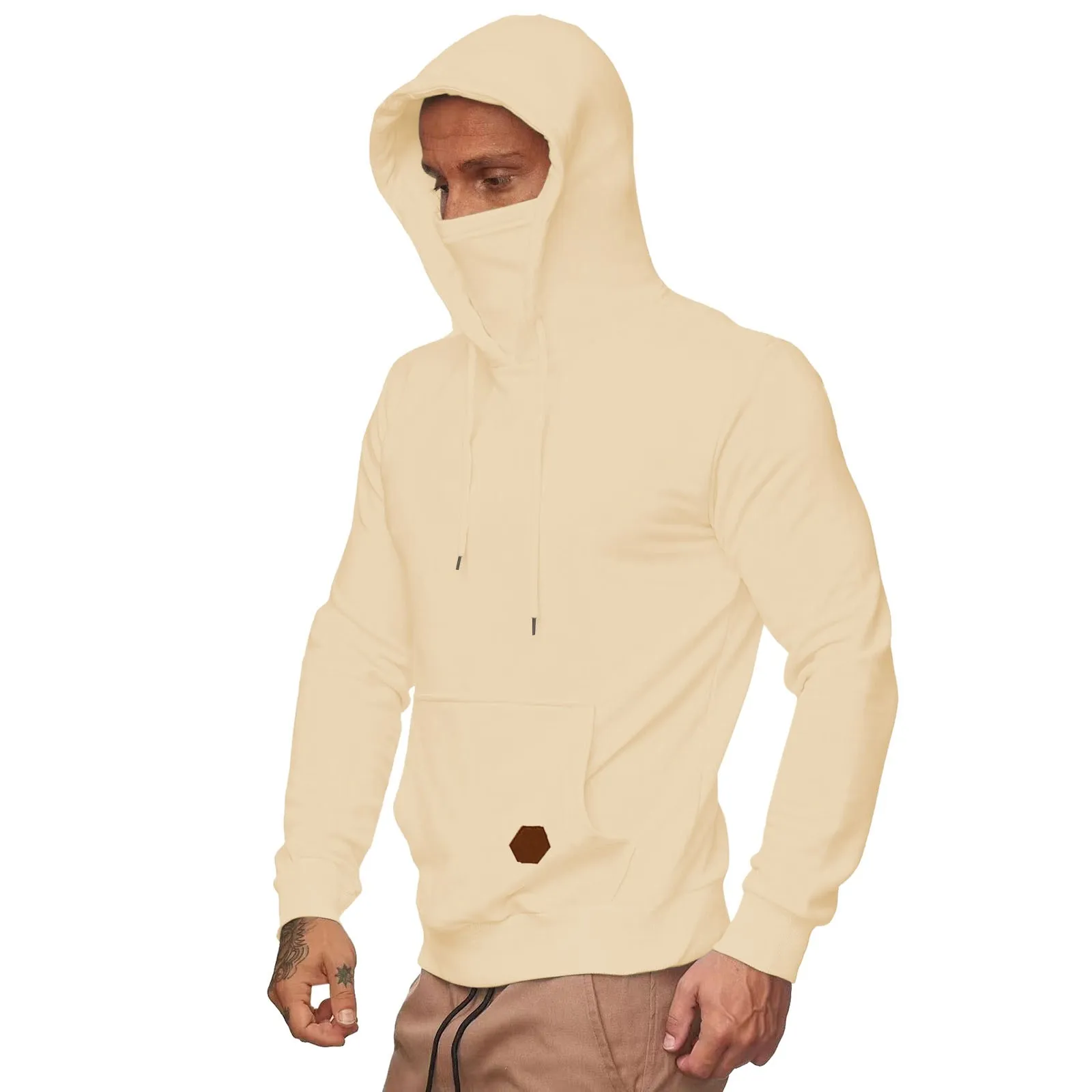 Mens Gym Hoodie Long Sleeve with Mask Sweatshirt Hoodies Casual Splice Large Open-Forked Male Clothing Mask Button Sports Hooded