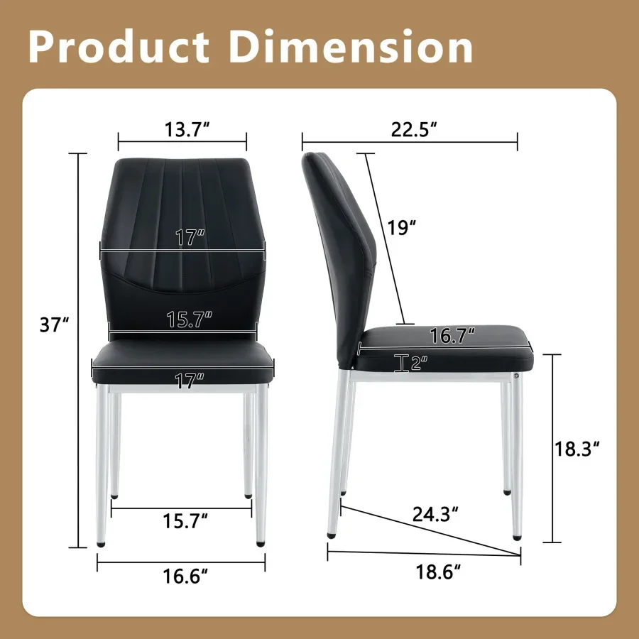 Set of 6 Black - and - Silver Dining Chairs, 37 inches High: Ergonomic PU Backrest, Combines Comfort and Style.Perfectly blends