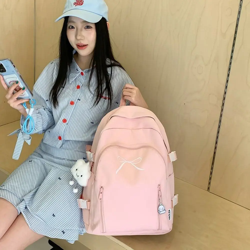 

Casual Student Schoolbag Large Capacity Solid Color Korean Style School Bag Waterproof Multiple Pockets Bow Backpack Girls