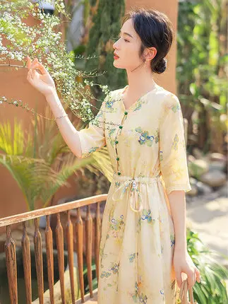 Ele marchio giapponese artistico a cinque quarti Sve stampato ingombrante in vita estivo Midi Dr coreano Sle vita ampia