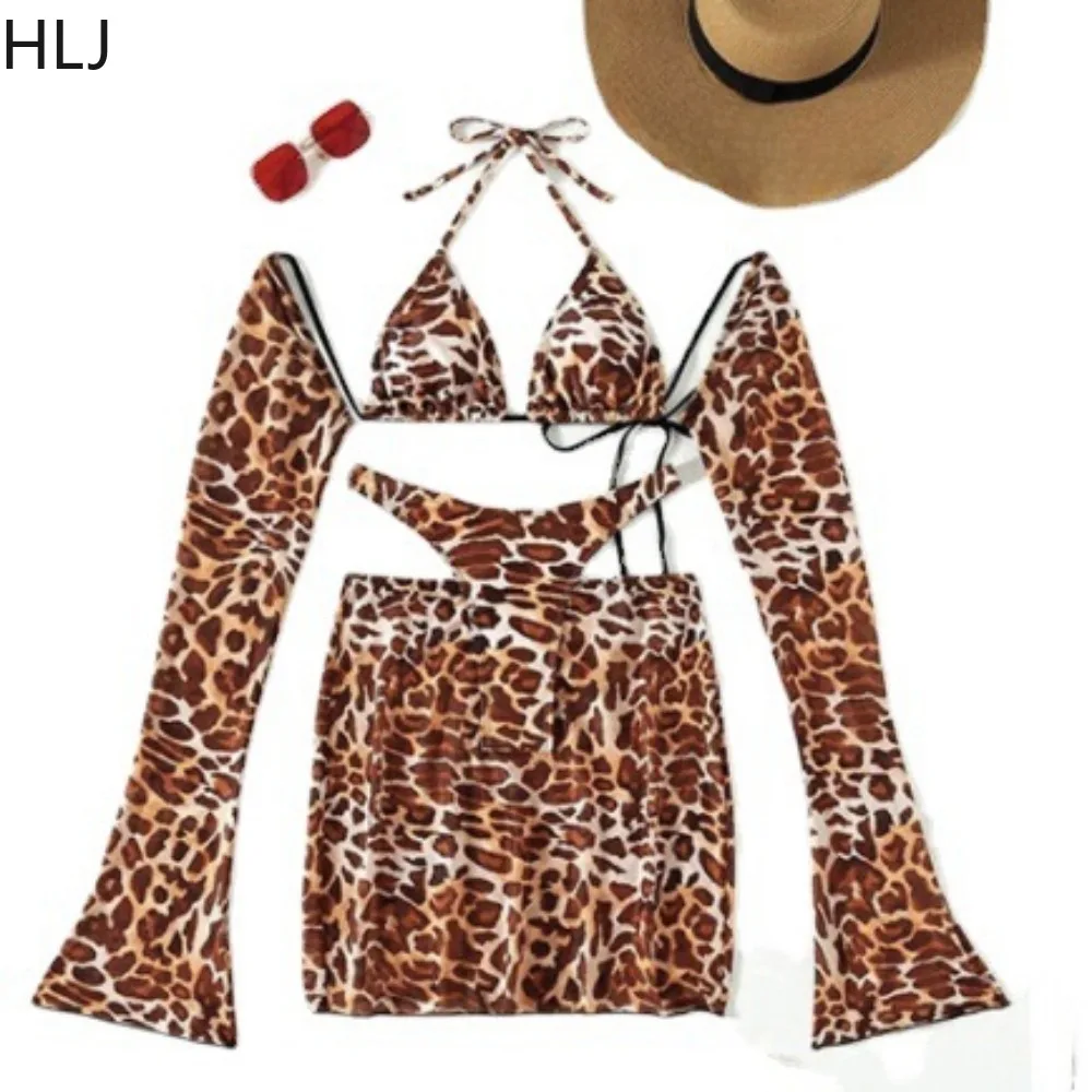 FAGADOER Sexy Mesh Leopard Printing Lace Up Skirt 4 Piece Set Women Split Swimsuit Sweet Backless Bikinis Summer New Bikinis Set