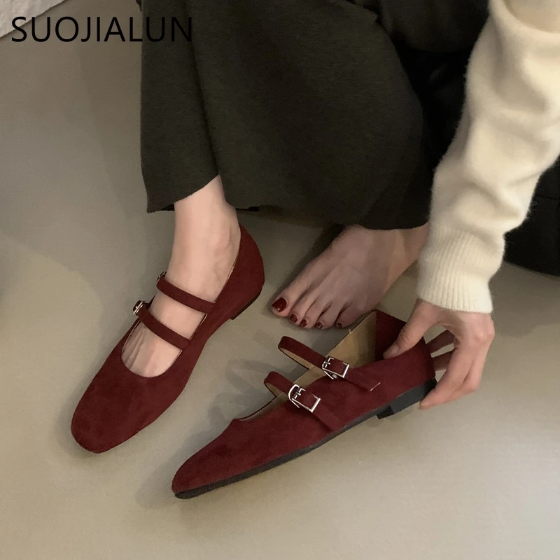 SUOJIALUN 2024 Women Round Toe Flat Shoes Fashion Round Toe Shallow Elegant Mary Jane Shoes Soft Low Wedge Heel Ballerinas Shoes