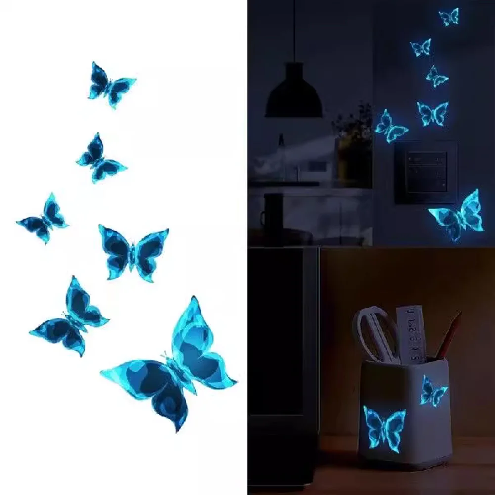 6Pcs Blue Glow-in-the-dark Butterfly Wall Stickers Room Decoration Accessories Cartoon Sticker for Anniversaries Birthday Paster