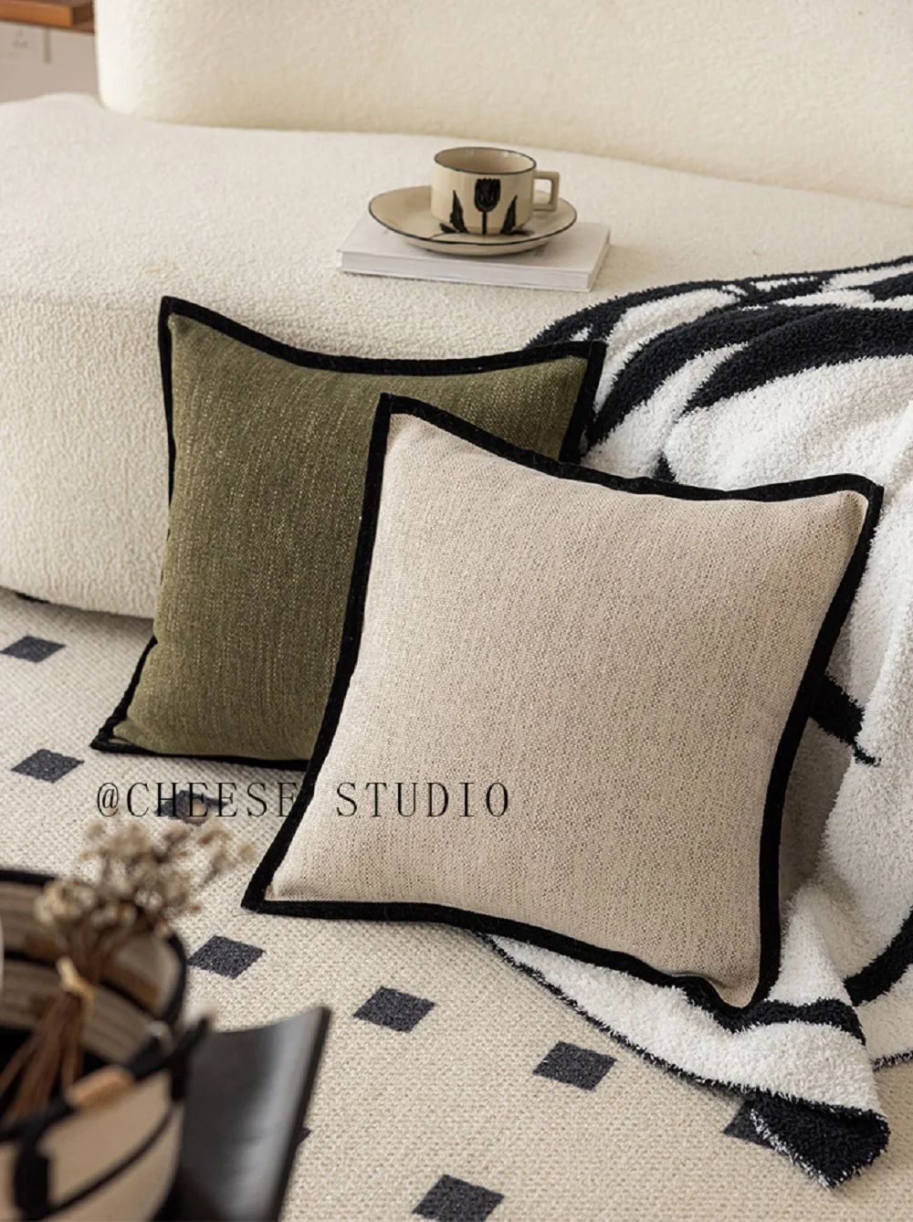Französischer mittelalterlicher Stil Kissenbezug, schwarzer Rand, Retro-grüner Kissenbezug, amerikanischer Stil, Wohnzimmer, Sofa, Dekor, Taillenkissenbezug – Detail 6