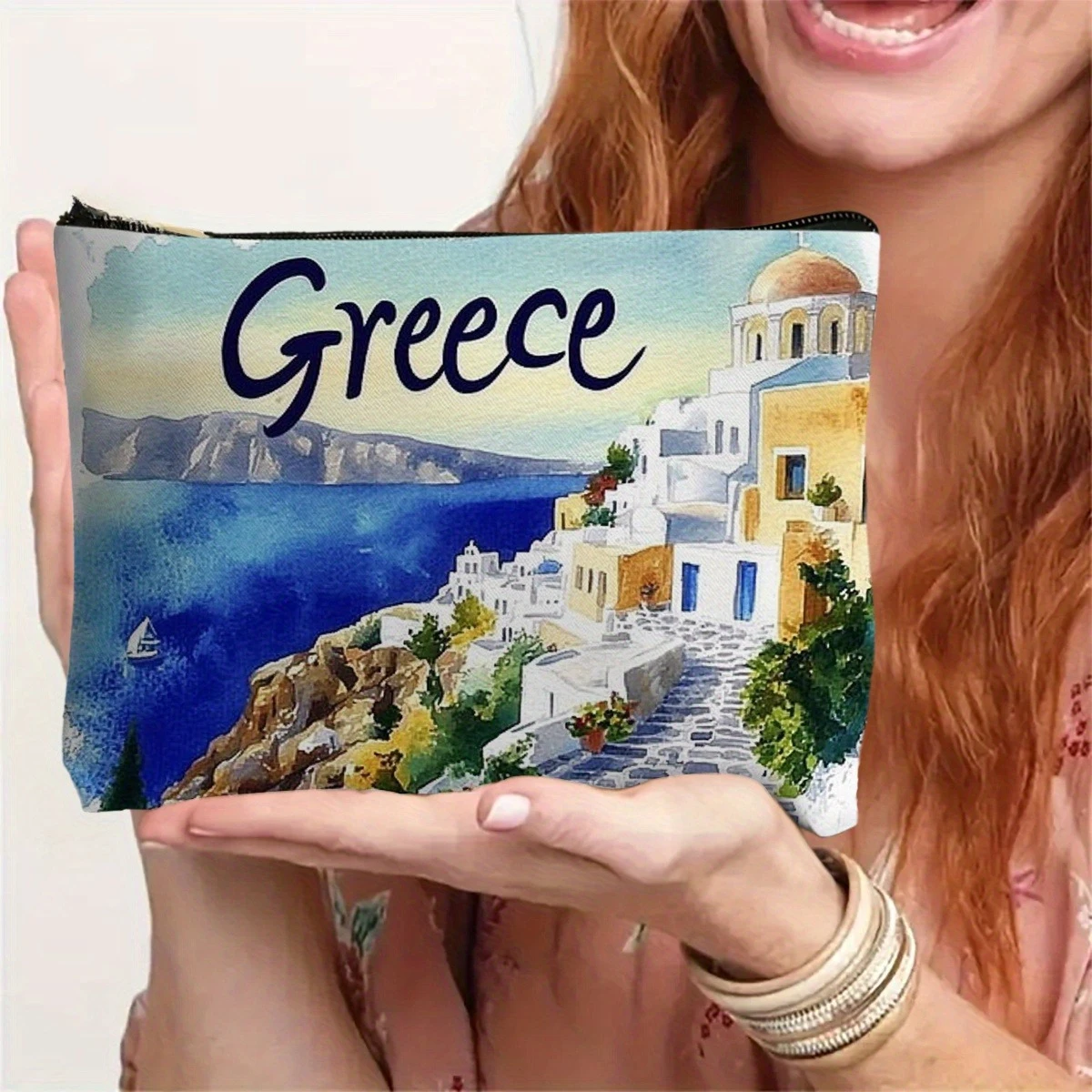 Greece Watercolor Cosmetic Bag Blue White Yellow Coastal Town & Parthenon Desig  Makeup Bag Polyester Travel Toiletry Pouch