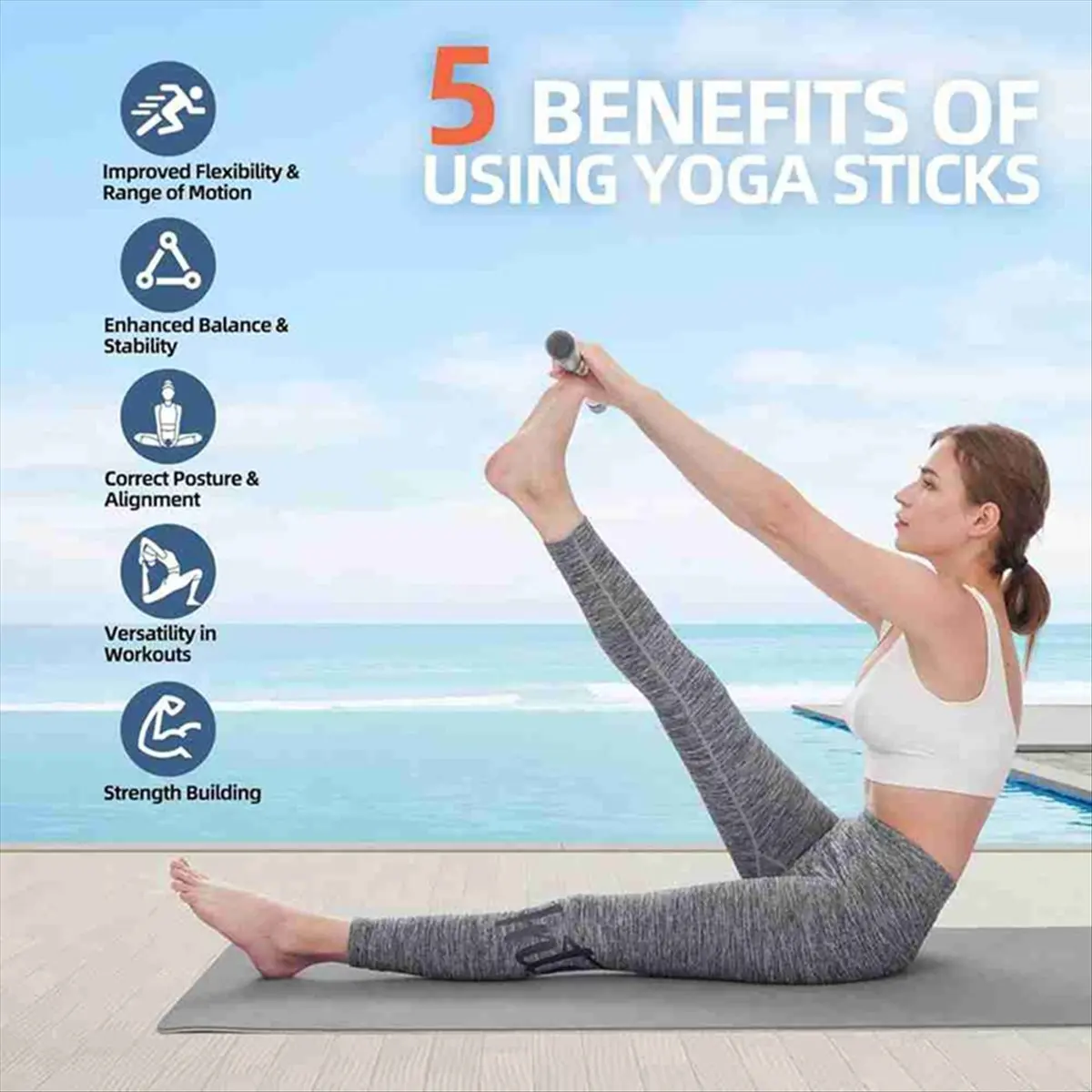 L63A Yoga Stick 5 Ft Sturdy Steel Adjustable Stretching Stick for Mobility, Flexibility and Balance Versatile Exercise Stick