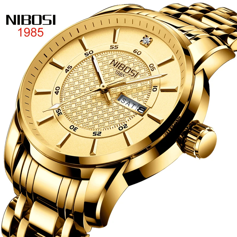 NIBOSI Luxury Gold Quartz Watch Mens Watches Top Brand Luminous 30M Waterproof Clock Weekly Calendar Display Relogio Masculino