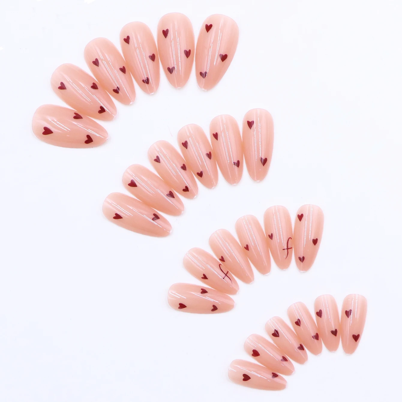 24PCS Pressed French Almond Acrylic Fake Nails Featuring Heart-Shaped And Letter Patterns. Valentine'S Day Acrylic Fake Nails