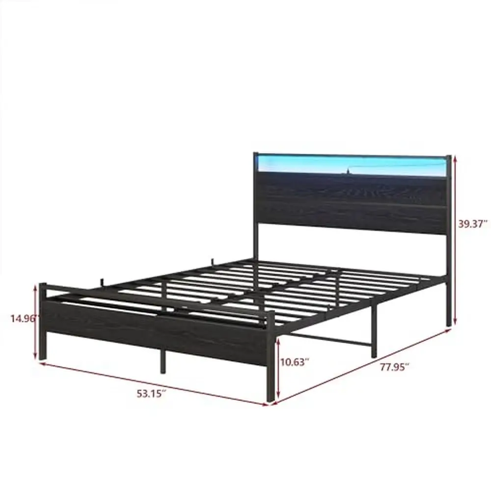 Full Size Metal Bed Frame with Wood Headboard & RGB LED Lights Charging Station Remote Control Sturdy P2 MDF Board Easy Assembly